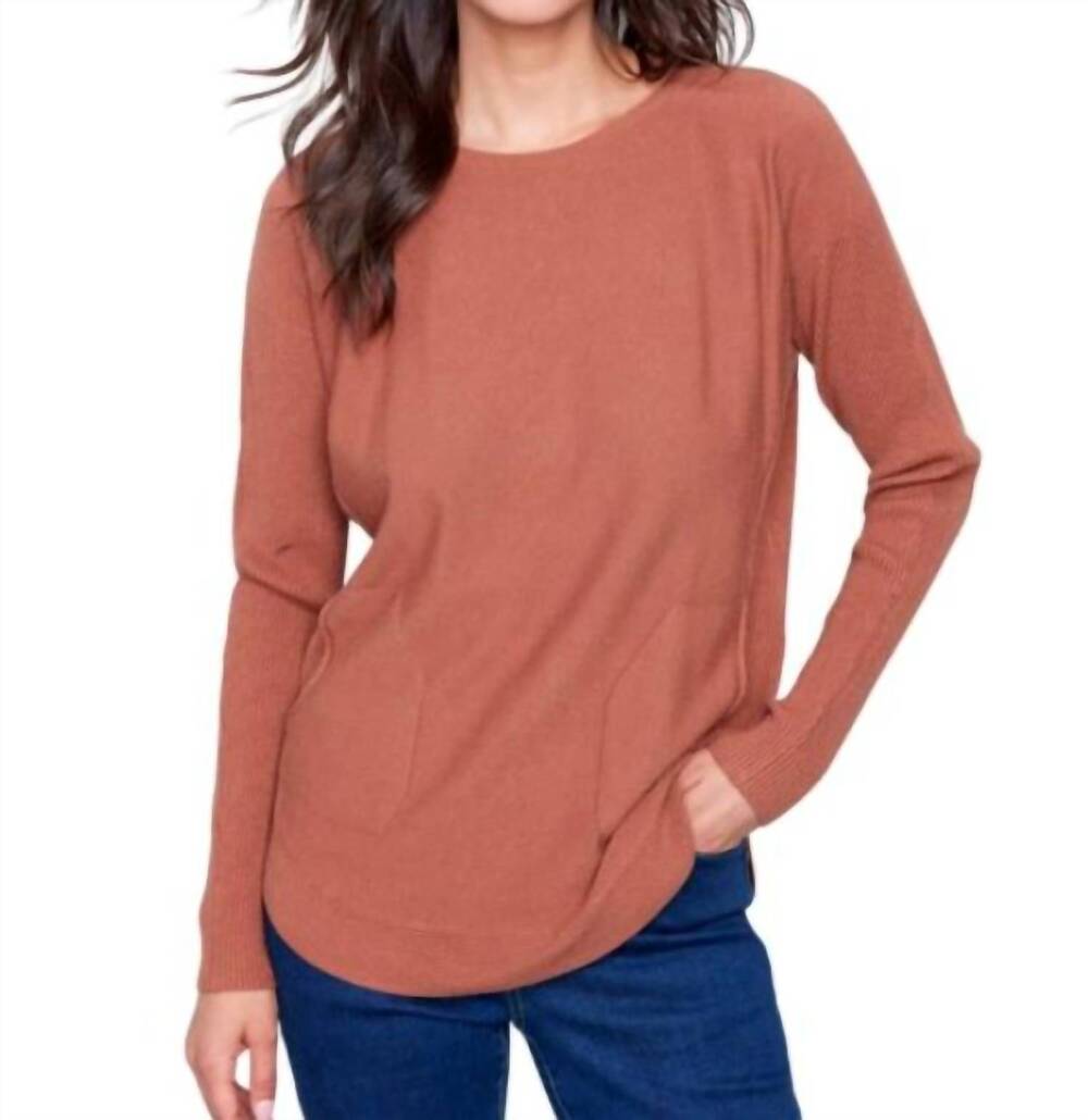 NEW CHARLIE B plushy knit crew neck sweater in terracotta